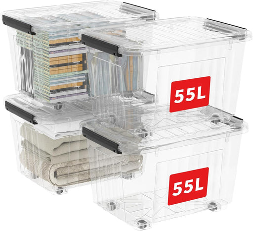 60Qt*4 Plastic Storage Bins, Storage Box, 4 Pack, Organizing Container with Wheels, Durable Lids and Secure Latching Buckles, Stackable and Nestable, Clear with Black Buckle