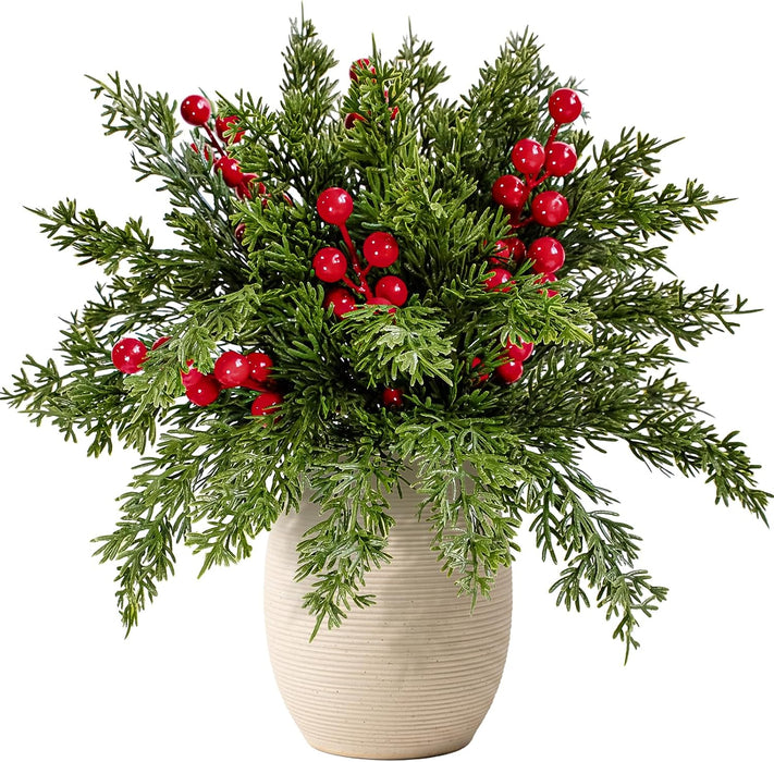 30Pcs Christmas Artificial Pine Branches with Red Berry Stems