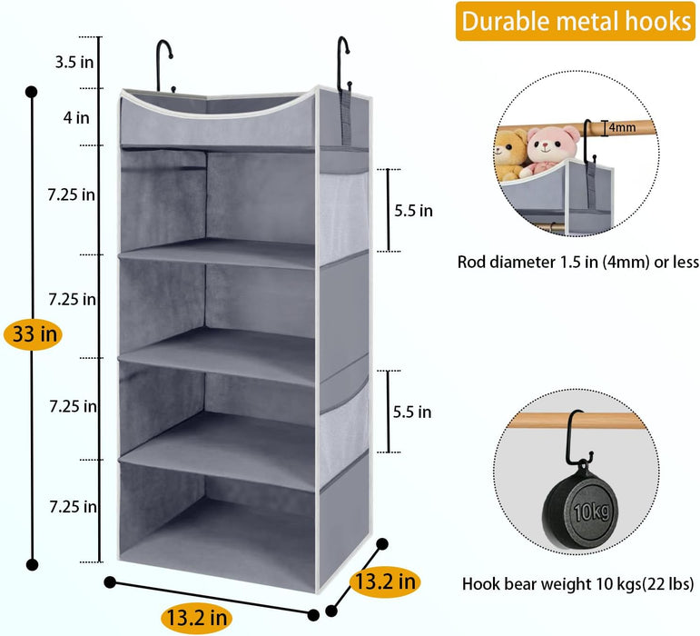 4-Shelf Hanging Closet Organizer and Storage with Side Pockets, Collapsible Closet Hanging Shelves for Storage, Grey