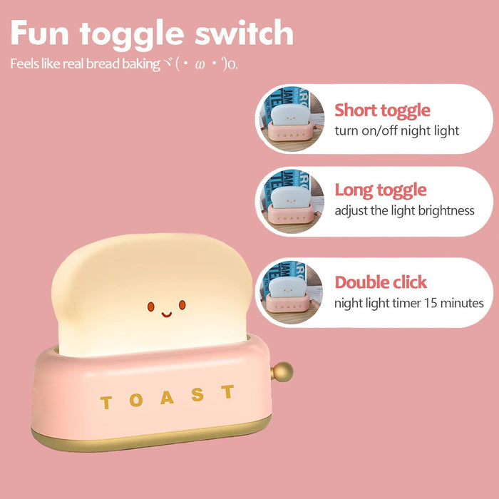 Red LED Night Light Rechargeable and Portable Light with Timer Cute Toast Bread Lamp Desk Decor Toaster Lamp Kawaii Christmas Ideas for Baby Kids Girls Teens Teenages