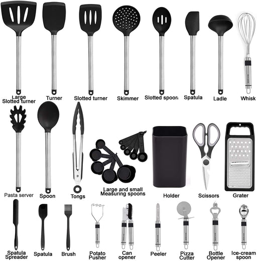 Kitchen Utensil Set-Silicone Cooking Utensils-33 Kitchen Gadgets & Spoons for Nonstick Cookware-Silicone and Stainless S