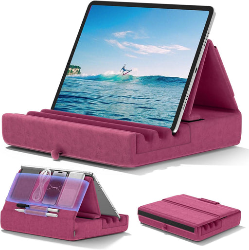 Tablet Pillow Holder, Foldable iPad Stand for Lap, Bed and Desk -Tablet Soft Pad Dock with Pocket & Stylus Mount Compati