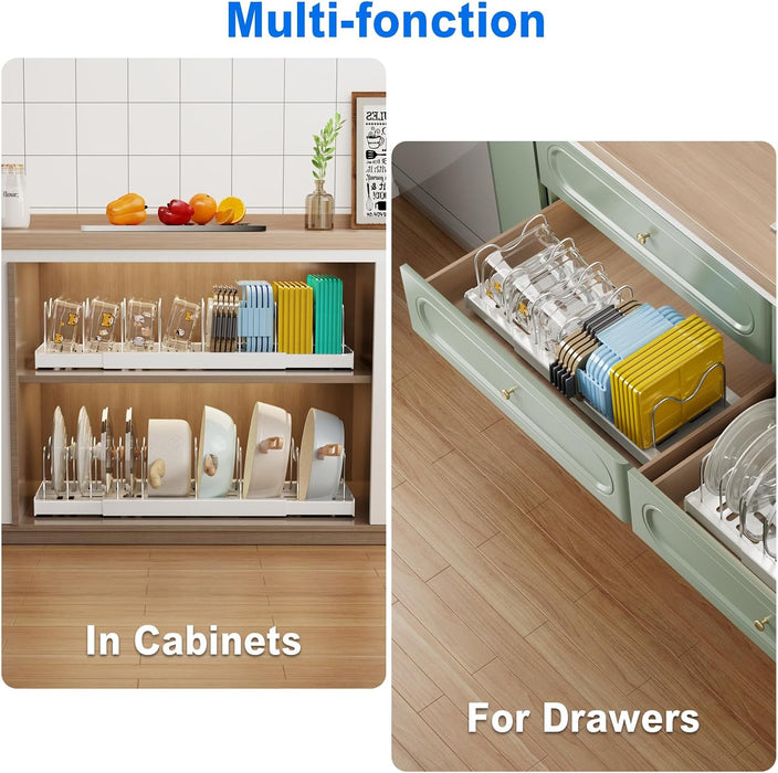2 Pack Pots and Pans Organizer Under Cabinet, 22" Expandable Food Storage Container Lid Organizers with 9 Adjustable Div