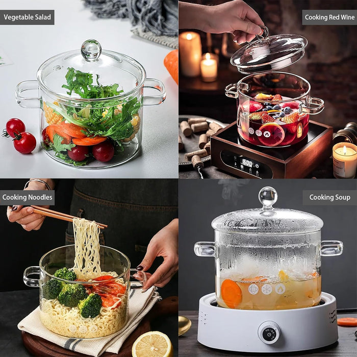 Clear Glass Pot, 1.5L, Cooking Pot with Lid and Handle, Clear Saucepan, Resistant Borosilicate Pot, Glass Saucepan for Cooking On Stove - Ideal for 1 People (50oz)