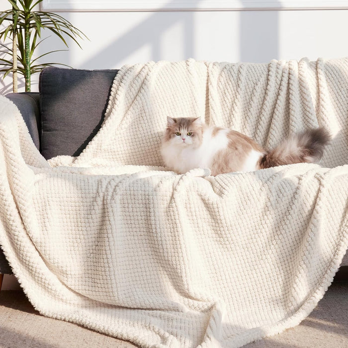 Extra Large Fuzzy Fleece Throw Blanket for Couch, 50x70 Inch Fluffy Warm Soft Jacquard Blankets for All Season, Lightweight and Cozy, Ivory