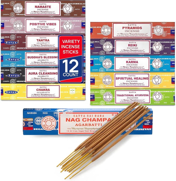 Set of 12 Nag Champa Namaste Positive Vibes Tantra Buddha Blessing Aura Cleansing Chakra Pyramids Reiki Karma Spiritual Healing Traditional Ayurveda