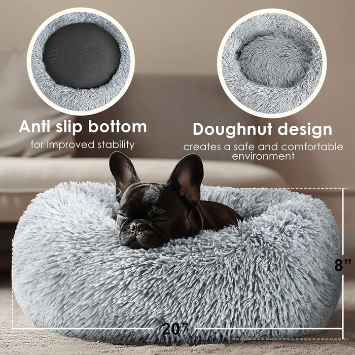 Dog & Cat Bed for Indoor Cats, 20in Calming Donut Bed (Light Grey)
