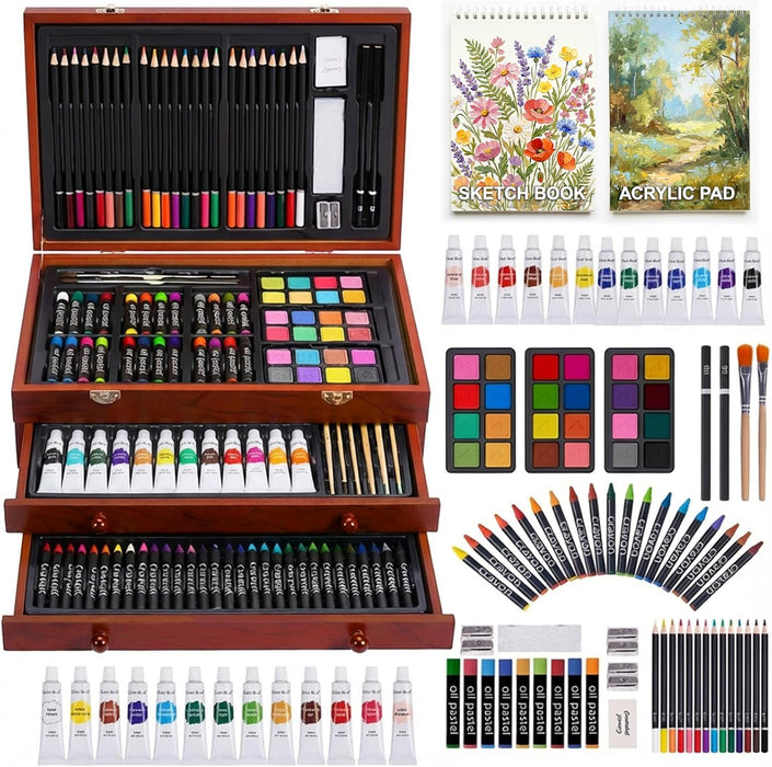 TMOL Art Supplies, 175-Pack Deluxe Art Set Drawing Painting Kit with 2 Drawing Pads, Acrylic Paints, Colored Pencils, Cr
