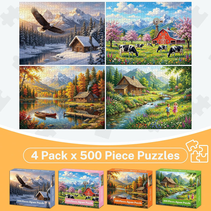 4-Pack 500 Piece Puzzles for Adults, Four Seasons Scenery Jigsaw Puzzles for Adults 500 Pieces, Fun Challenging Jigsaw Puzzles 500 Pieces for Adults Family Game Gift for Home Decor Wall Art