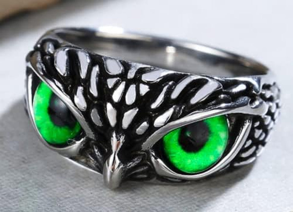 Unisex 316L Stainless Steel Relief Surface Vintage Blue Green Eyed Owl Ring,Size 6-10
