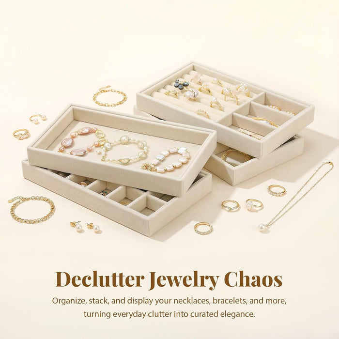 8 Pack Velvet Jewelry Trays, Stackable Jewelry Organizer Trays for Drawers, Beige Jewelry Storage and Display Tray Inserts for Necklaces, Rings, Earrings