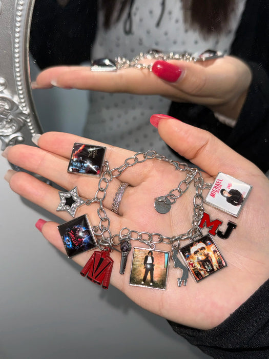 Music Inspired Michael Jackson Charm Bracelet, Vintage Link Chain Bracelet with Microphone, Jacket & Album Charms, Unisex Fan Gift, Back to School Jewelry Gift Fashion Woman