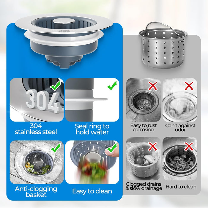 3 in 1 Kitchen Sink Drain Strainer Stopper Removable Basket Pop-Up