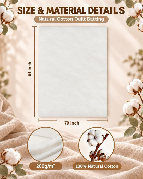 79"x91" Natural Cotton Batting for Quilting, 200g/m²