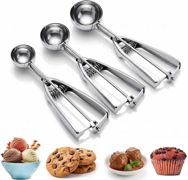Ice Cream Scoop, 3Pcs Cookie Scoop Set, Stainless Steel Ice Cream Scooper with Trigger Release, Large/Medium/Small Cooki