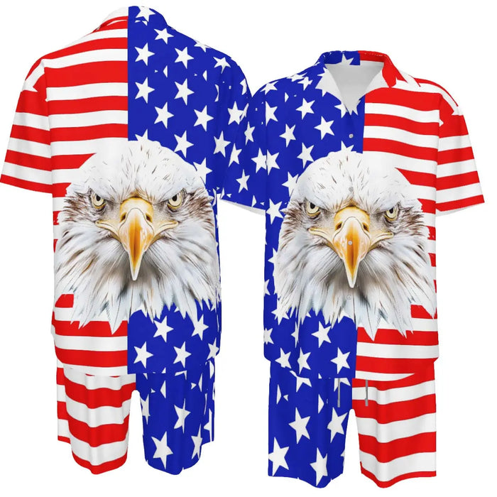 Men'S Fashion 2-Piece Matching Shortsleeve Collared Neck Tropical Set - Casual Stylish Flag Pattern Shirt & Bottoms, Loose Fit, plus Size Hawaiian Patriotic Streetwear for 4Th of July