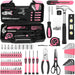 144-Piece Household Tool Set, Pink Tool Kit with Plastic Toolbox