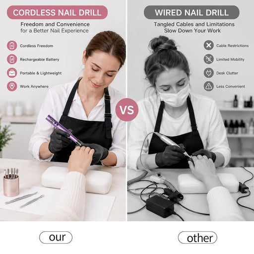 Professional Cordless Nail Drill Kit for Gel & Acrylic Nails, Electric Nail File with 5 Metal Bits, 30 Sanding Bands & D