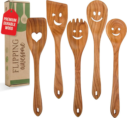 MFC Smiley Face Wooden Spoons for Cooking - 5 Pc Funny Kitchen Gift Set