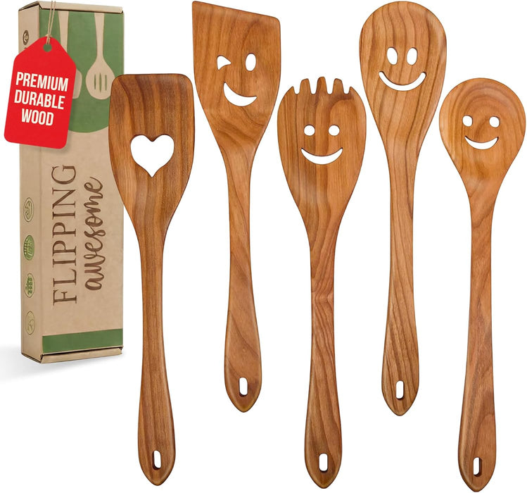 MFC Smiley Face Wooden Spoons for Cooking - 5 Pc Funny Kitchen Gift Set