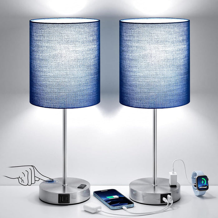 Touch Lamps for Bedroom Set of 2 - Dimmable, USB C+A, AC Outlet
