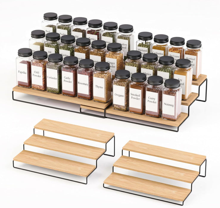Tiered Spice Rack Organizer – Wood & Metal Countertop & Cabinet Spice Stand, Strong & Sturdy 3-Tier Shelf for Kitchen, Pantry, Seasoning Bottles – Minimal Scandinavian Design - Wood Brown