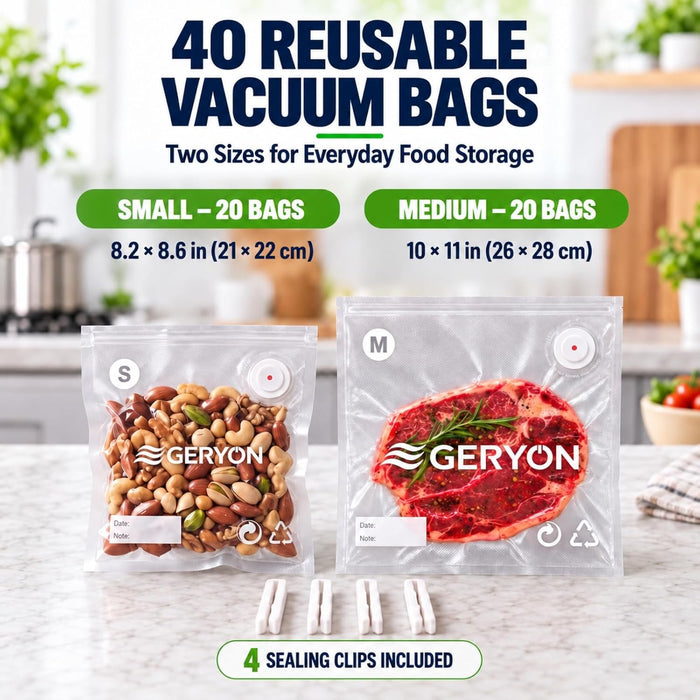 Vacuum Sealer Bags for Food, 40 Pack Reusable Vacuum Seal Bags with Air Valve, BPA-Free Food Vacuum Seal Bags Compatible with Handheld Vacuum Sealer for Sous Vide, Meal Prep and Freezer Storage