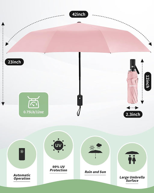 Compact Travel Umbrella for Rain - Windproof Automatic Umbrellas, UV Umbrella for Sun Protection with Black Anti-UV Coat