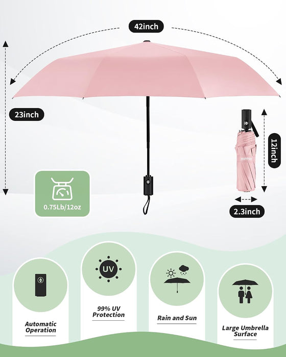 Compact Travel Umbrella for Rain - Windproof Automatic Umbrellas, UV Umbrella for Sun Protection with Black Anti-UV Coat