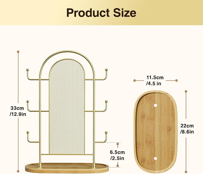 Jewelry Holder Organizer Earring Display - Earring Storage Tree Stands Towers With 6 Hooks 300 Studs Wood Tray Gold Metal Rack