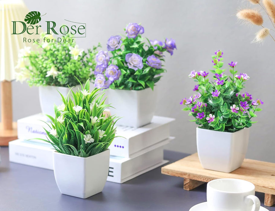 4 Pack Small Fake Plants with Flowers, Spring Home Bathroom Decor