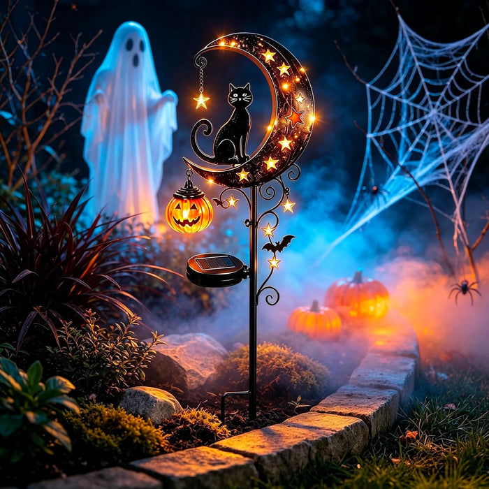 Solar Halloween Black Cat & Pumpkin Moon Garden Stake Light