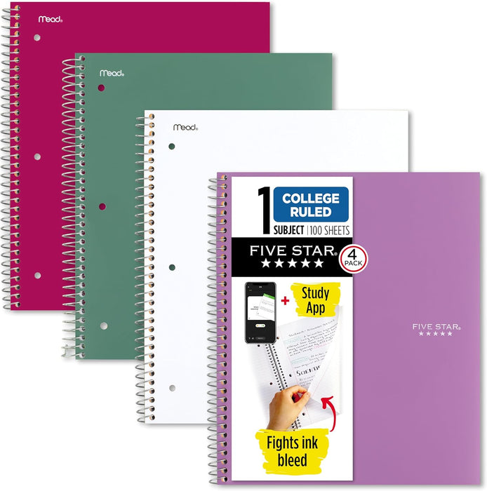 Spiral Notebook + Study App, 100 Sheets, 1 Subject, College Ruled Paper, Fights Ink Bleed, Water Resistant Cover, 820337-ECM, Purple, Pink, White & Green, 8-1/2" x 11", 4 Pack