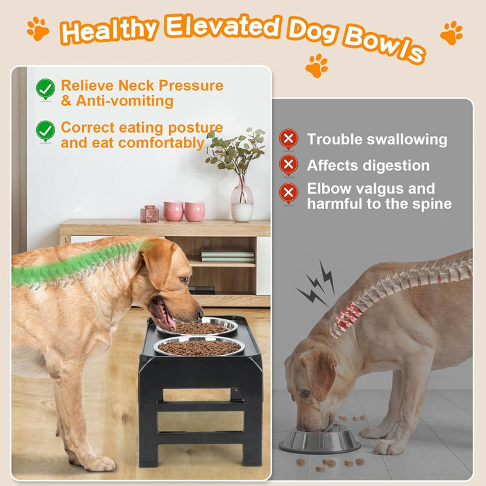 Elevated Dog Bowls, 4 Height Adjustable Raised Bowl Stand with 2 Thick 50oz Stainless Steel Food Bowls Non-Slip Feeder A