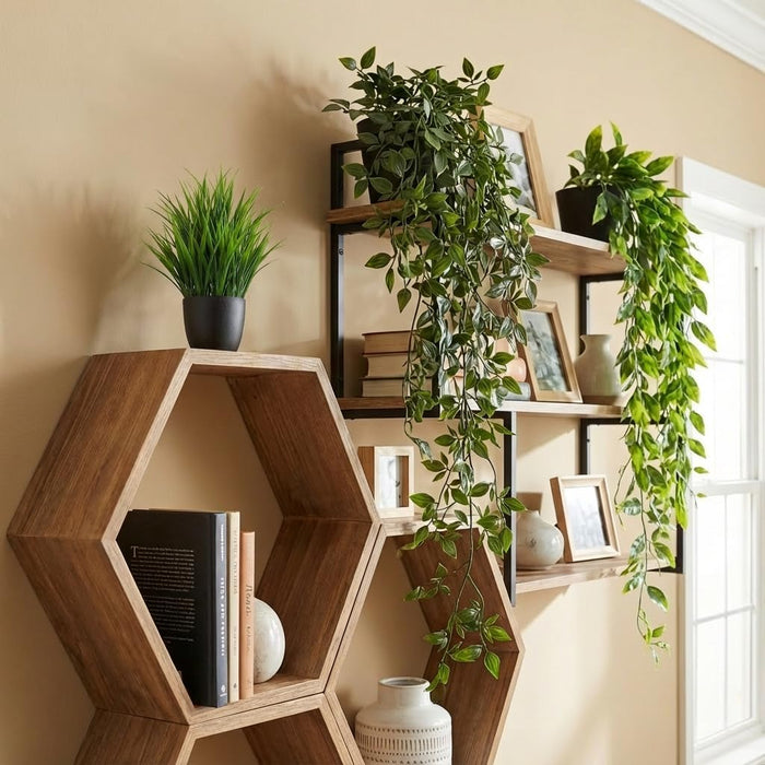 5 Pack Fake Plants - Artificial Hanging Plants & Small Potted Faux Eucalyptus Fern Ivy, UV Resistant Maintenance-Free, f