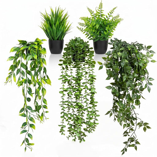 5 Pack Fake Plants - Artificial Hanging Plants & Small Potted Faux Eucalyptus Fern Ivy, UV Resistant Maintenance-Free, f
