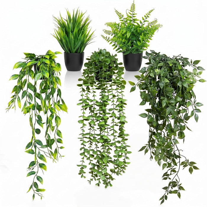 5 Pack Fake Plants - Artificial Hanging Plants & Small Potted Faux Eucalyptus Fern Ivy, UV Resistant Maintenance-Free, f