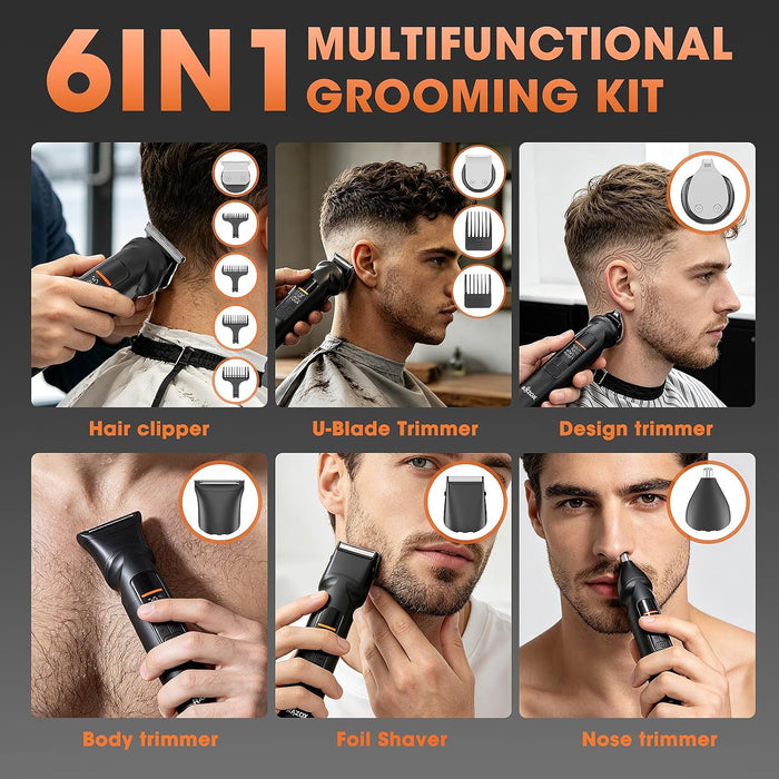 Beard Trimmer for Men - 6 in 1 Hair Clipper & Grooming Kit, Cordless Rechargeable with LED Display, IPX6 Waterproof, Nos
