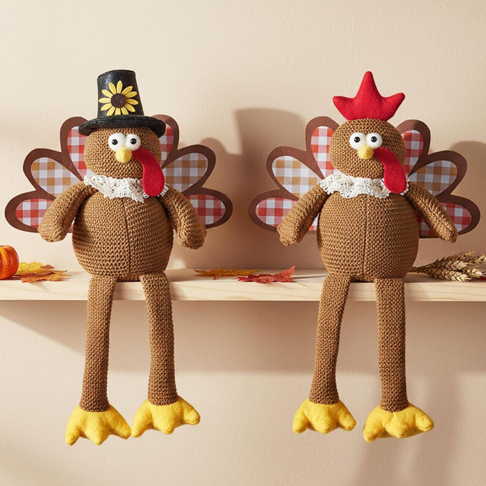 Thanksgiving Decorations Set of 2 Turkeys with Dangling Legs, Turkey Couple Doll Plush Kit Tabletop Centerpieces for Fal
