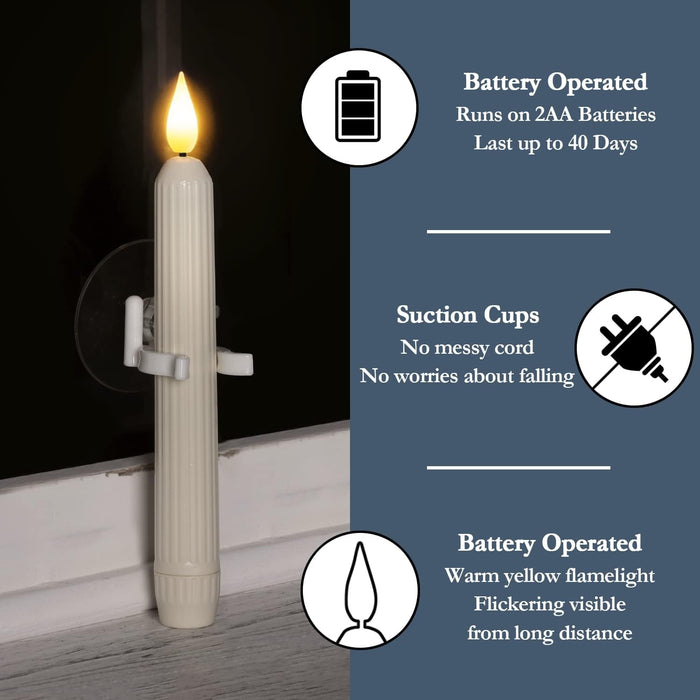 6 Pcs Window Candles with Sensor Dusk to Dawn, Ivory Striped Candlesticks with Suction Cups, Roman Column Christmas Window Candle Battery Operated, Flameless Led Taper Candles for Windows