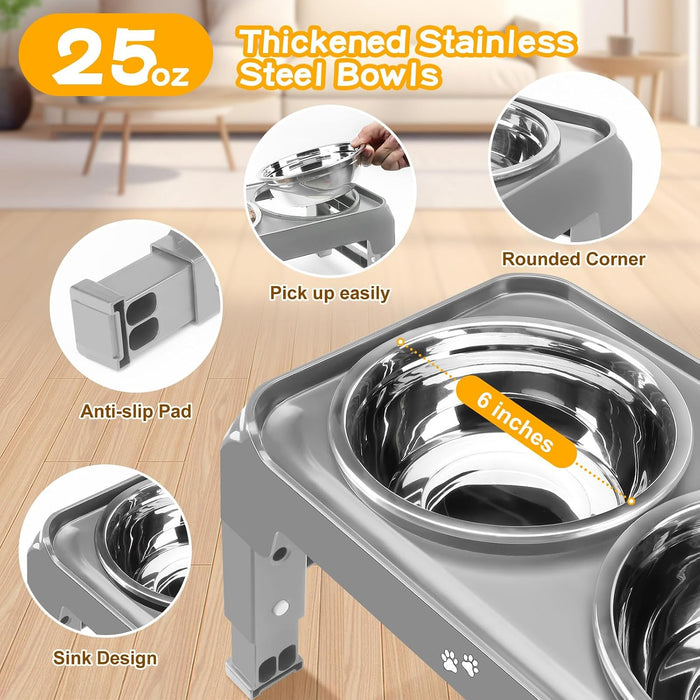 Elevated Dog Bowls for Small Medium Dogs, 3 Height Adjustable Raised Stand with 2 Thick 6" Stainless Steel Food Bowls, Non-Slip Feeder Adjusts to 2.75", 6", 7.5", Grey