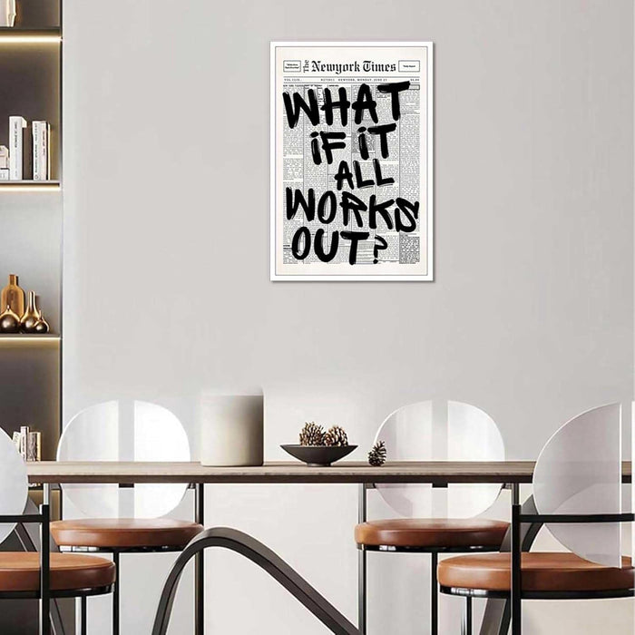 Retro Black And White Newspaper Poster What If It All Works Out Canvas Wall Art Positive Affirming Quote Minimalist Prints Painting For Home Bedroom Dorm Wall Decor 8x12in Unframed