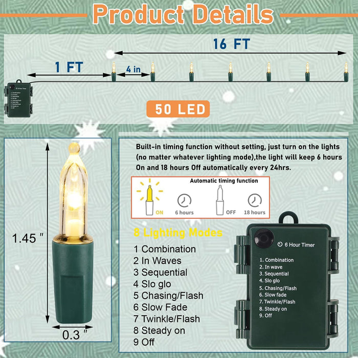 Christmas Lights Battery Operated, 50LED 16ft (1 Pack, Warm White)