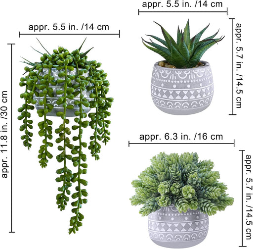 3 Pcs Assorted Small Potted Succulent Plants Artificial Aloe Hops String of Pearls Succulents in Gray Geometric Concrete