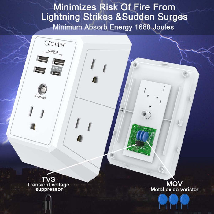 Wall Charger, Surge Protector,  5 Outlet Extender with 4 USB Ports