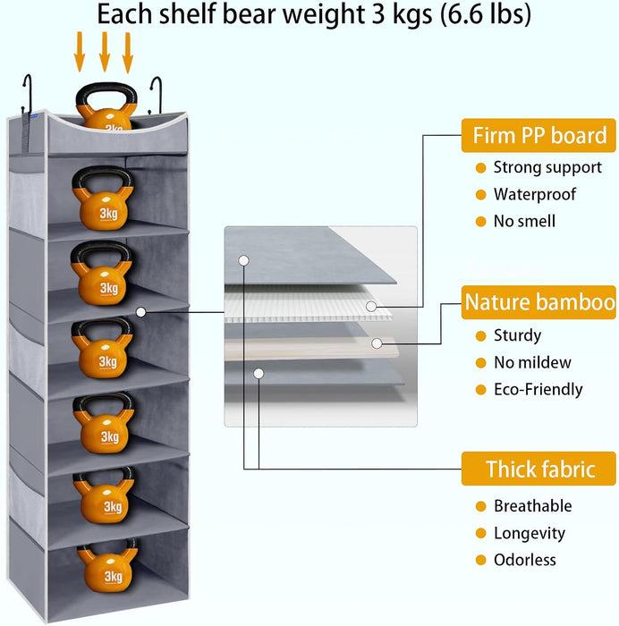 6-Shelf Hanging Closet Organizer and Storage with Side Pockets, Collapsible Closet Hanging Shelves for Storage, Grey