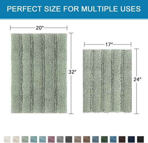 Sage Bathroom Rugs, Bath Mat Set of 2 Extra Thick Chenille Striped Pattern Shaggy Bath Rugs for Bath Room, Non Skid Bath Mats for Bathroom Floor (32 x 20 Plus 24 x 17 - Inches)
