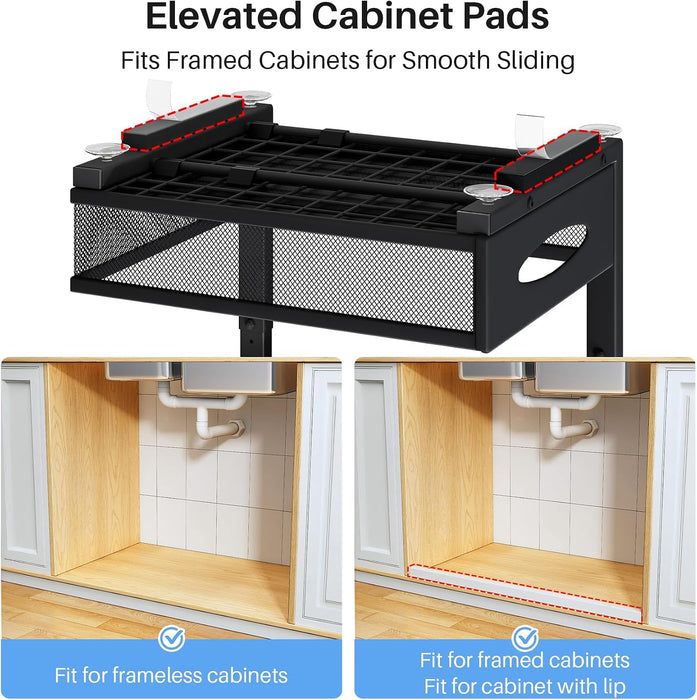 Under Sink Organizer, 2 Pack 2 Tier Pull Out Under Cabinet Organizer Shelf with Pad for Framed Cabinets, Metal Slide Out