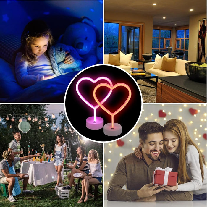 2 Pack Heart Neon Signs, Pink LED Lights, USB or Battery Powered