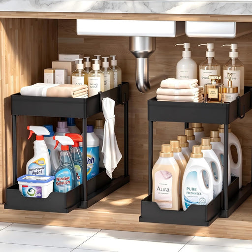 Under Sink Organizer 2 Pack, Bathroom Cabinet Organizer, 2 Tier Sliding Cabinet Basket Organizer Drawer, Multi-Purpose B